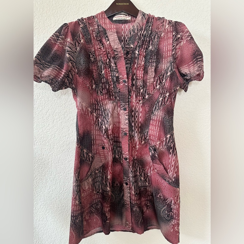 DHARMA PUTRA Collection Maroon Ethnic Boho Festival Short Sleeve Shirtdress SZ L